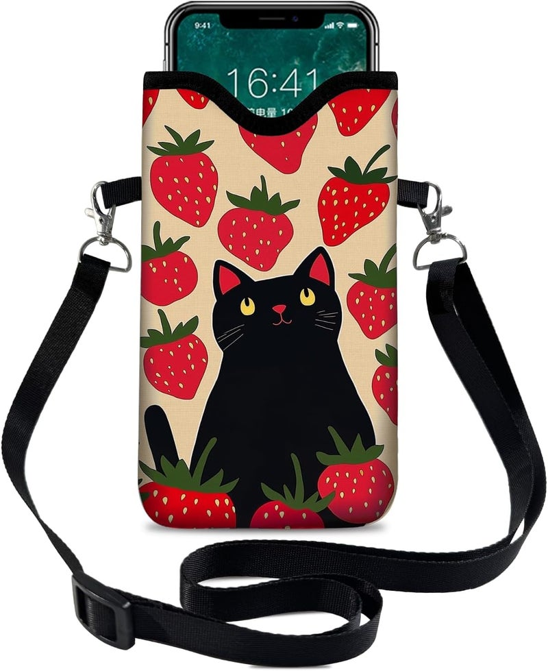otilil Neoprene Cell Phone Sleeve Pouch Case Bag with Crossbody Strap Neck Lanyard for Women 7.1 X 3.9 in Strawberry Cat - Image 1